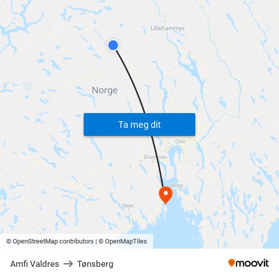 Amfi Valdres to Tønsberg map