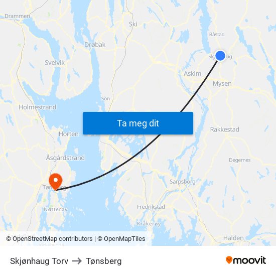 Skjønhaug Torv to Tønsberg map