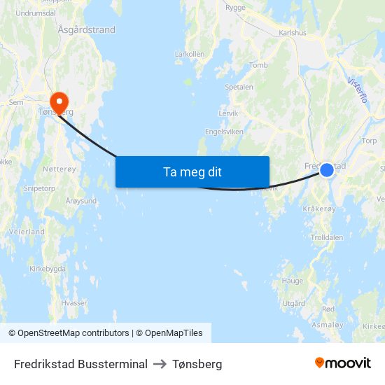 Fredrikstad Bussterminal to Tønsberg map