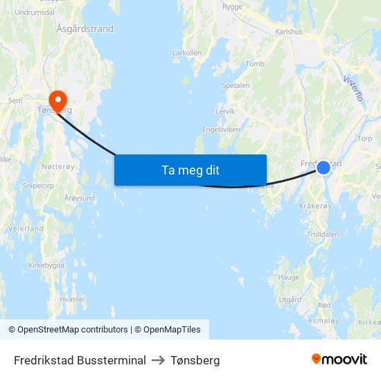 Fredrikstad Bussterminal to Tønsberg map