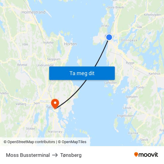 Moss Bussterminal to Tønsberg map