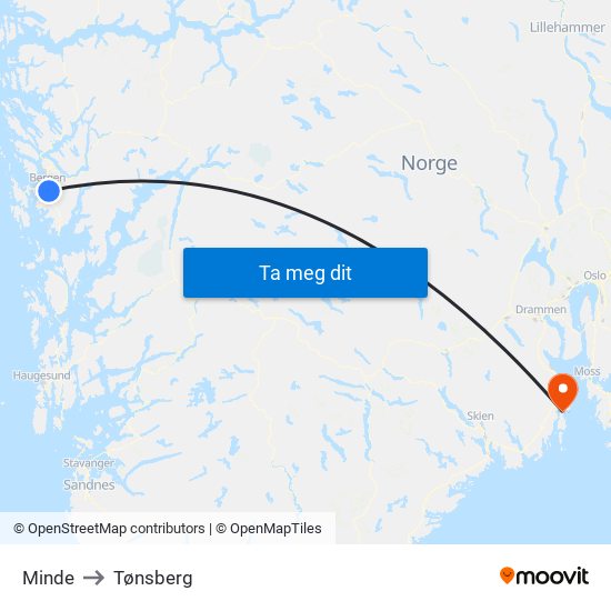 Minde to Tønsberg map
