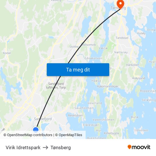 Virik Idrettspark to Tønsberg map
