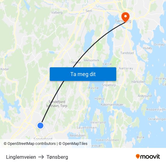 Linglemveien to Tønsberg map