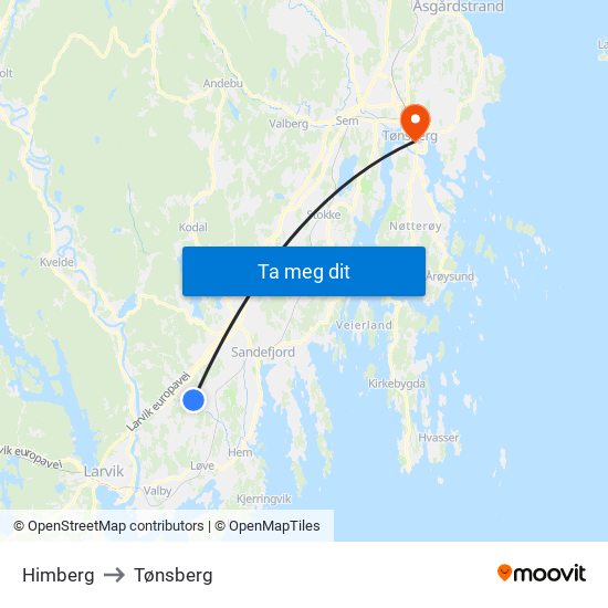 Himberg to Tønsberg map