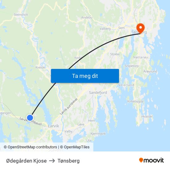 Ødegården Kjose to Tønsberg map
