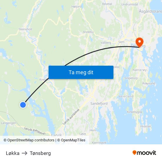 Løkka to Tønsberg map