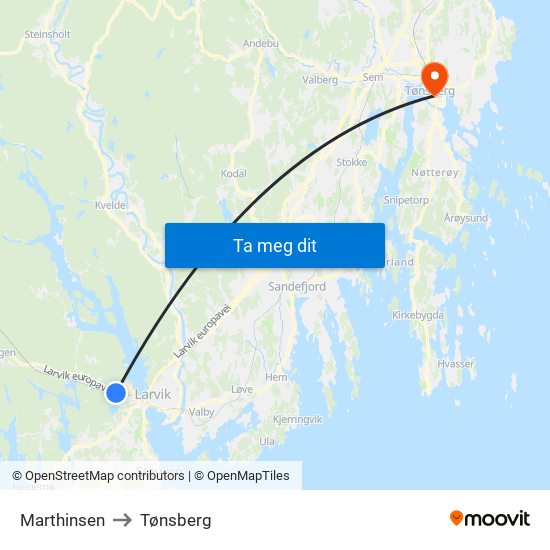 Marthinsen to Tønsberg map