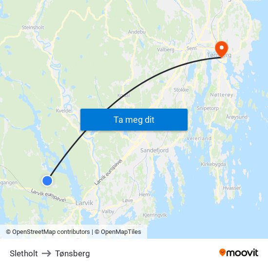 Sletholt to Tønsberg map