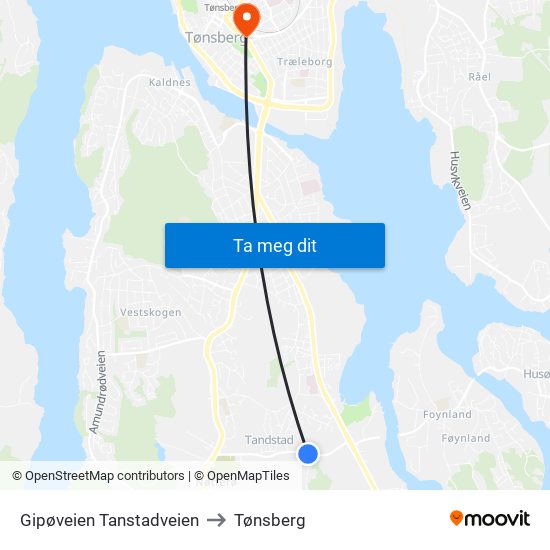 Gipøveien Tanstadveien to Tønsberg map