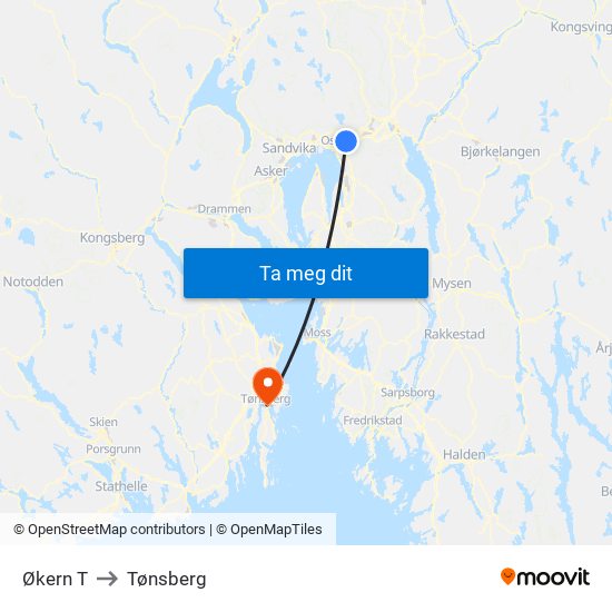 Økern T to Tønsberg map
