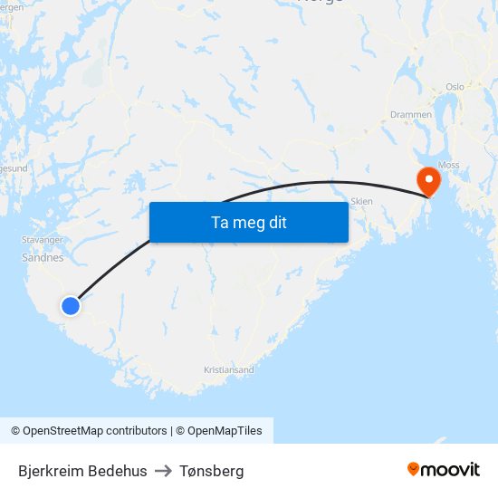 Bjerkreim Bedehus to Tønsberg map