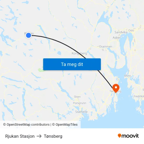 Rjukan Stasjon to Tønsberg map