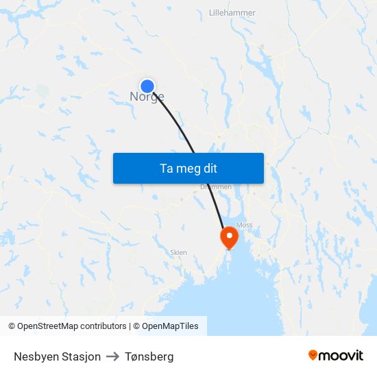 Nesbyen Stasjon to Tønsberg map