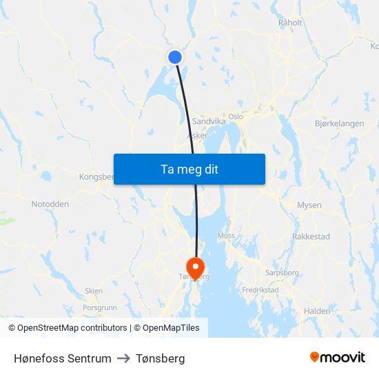 Hønefoss Sentrum to Tønsberg map