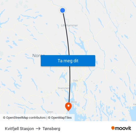 Kvitfjell Stasjon to Tønsberg map