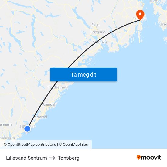 Lillesand Sentrum to Tønsberg map