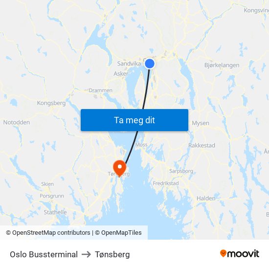Oslo Bussterminal to Tønsberg map