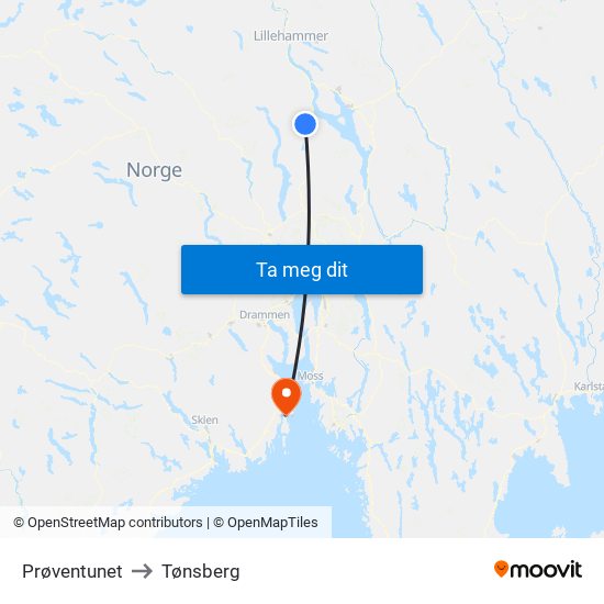 Prøventunet to Tønsberg map