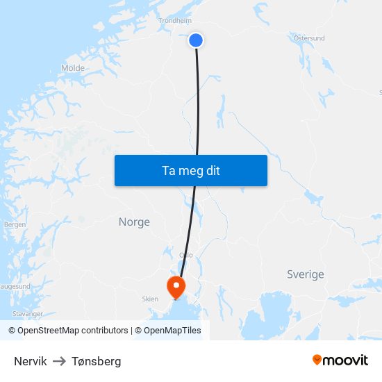 Nervik to Tønsberg map