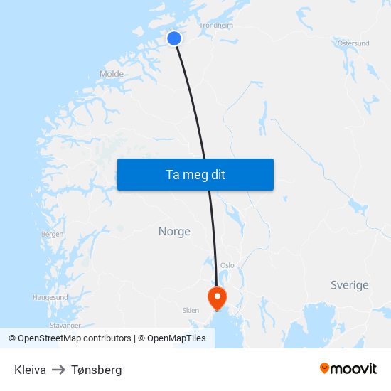 Kleiva to Tønsberg map