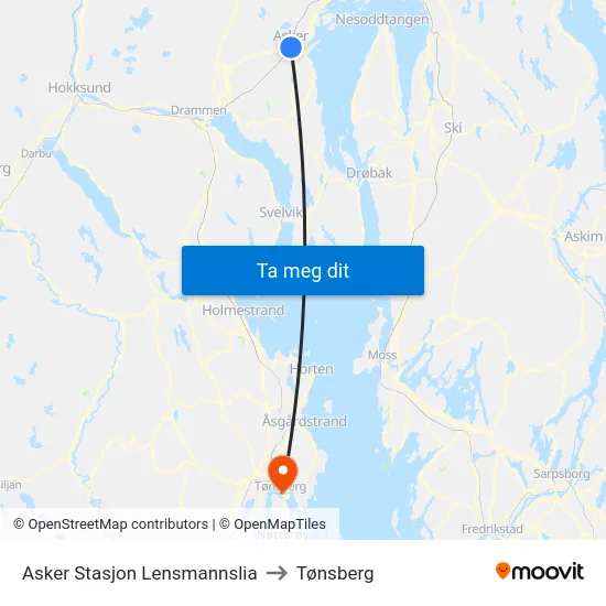 Asker Stasjon Lensmannslia to Tønsberg map