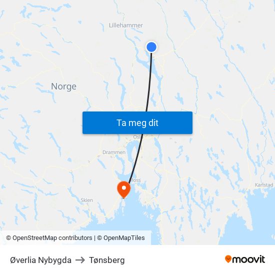 Øverlia Nybygda to Tønsberg map