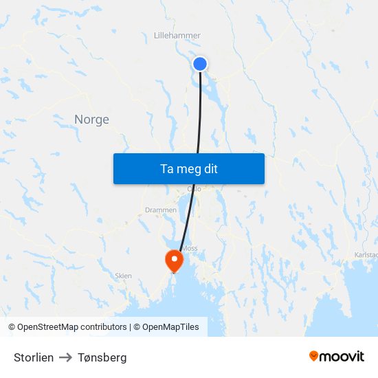 Storlien to Tønsberg map