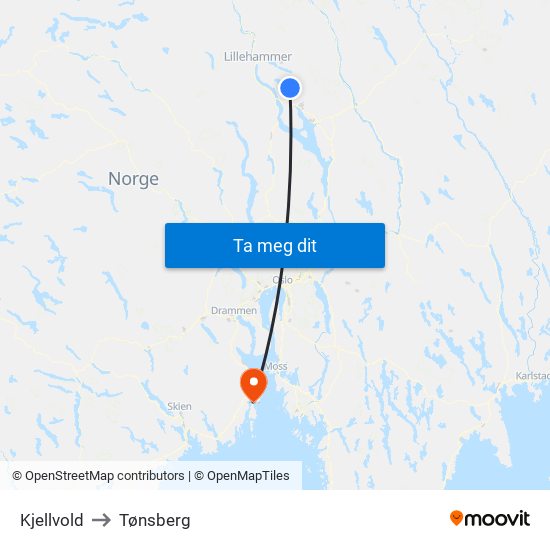 Kjellvold to Tønsberg map