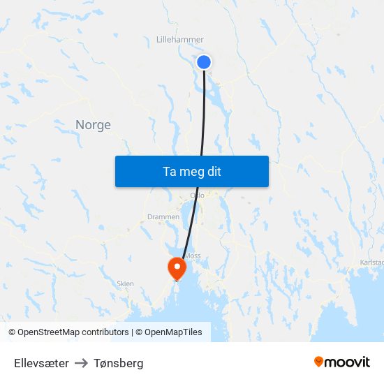 Ellevsæter to Tønsberg map
