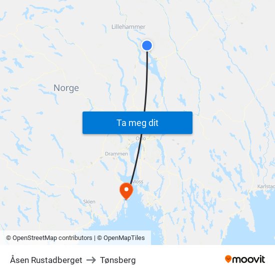 Åsen Rustadberget to Tønsberg map