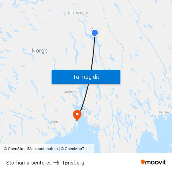 Storhamarsenteret to Tønsberg map