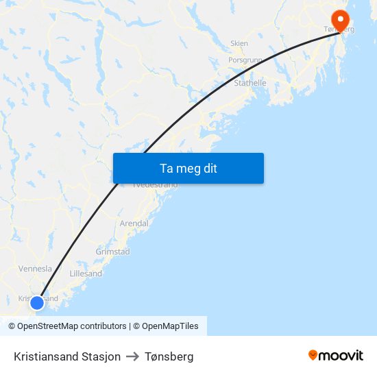 Kristiansand Stasjon to Tønsberg map