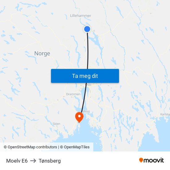 Moelv E6 to Tønsberg map