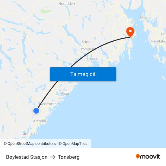 Bøylestad Stasjon to Tønsberg map