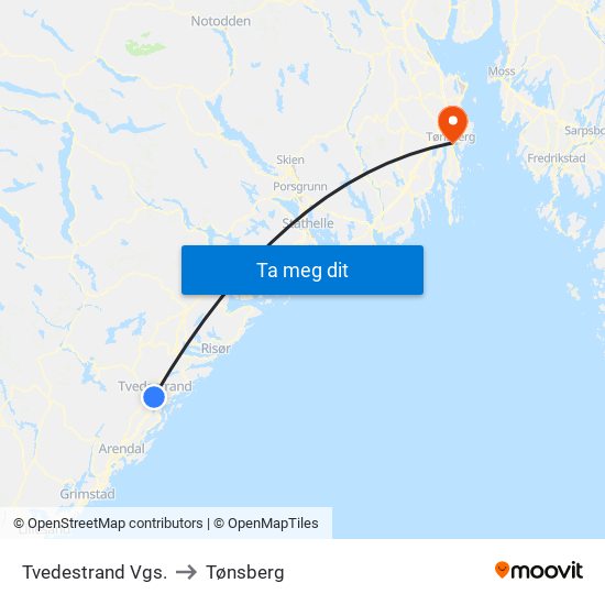 Tvedestrand Vgs. to Tønsberg map