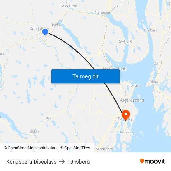 Kongsberg Diseplass to Tønsberg map