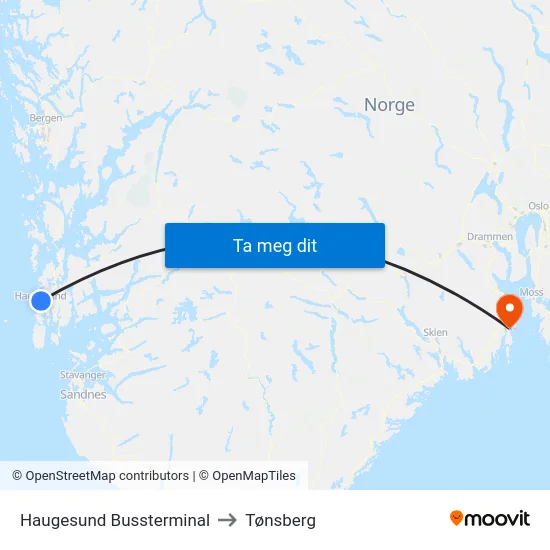 Haugesund Bussterminal to Tønsberg map