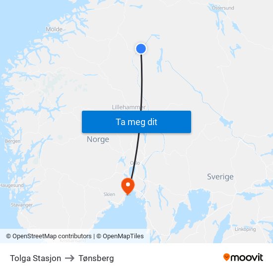 Tolga Stasjon to Tønsberg map