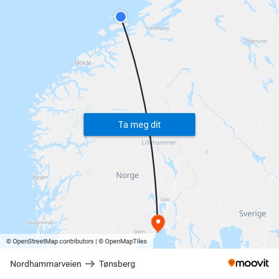 Nordhammarveien to Tønsberg map