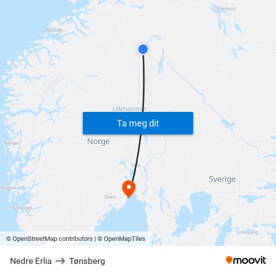 Nedre Erlia to Tønsberg map