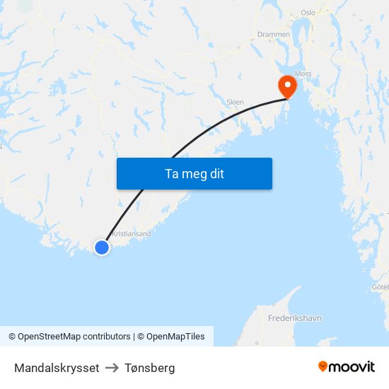 Mandalskrysset to Tønsberg map