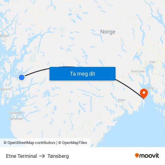 Etne Terminal to Tønsberg map