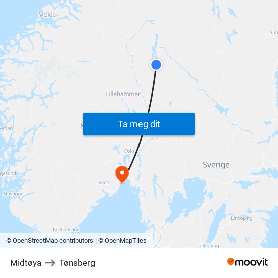 Midtøya to Tønsberg map