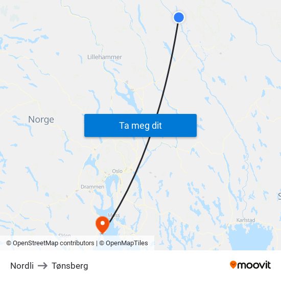 Nordli to Tønsberg map