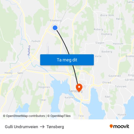 Gulli Undrumveien to Tønsberg map