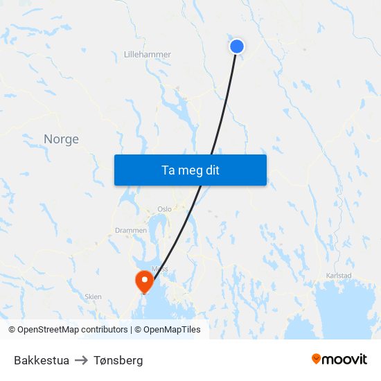 Bakkestua to Tønsberg map