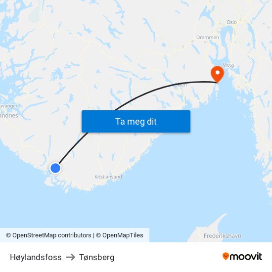 Høylandsfoss to Tønsberg map