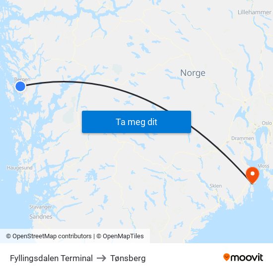 Fyllingsdalen Terminal to Tønsberg map