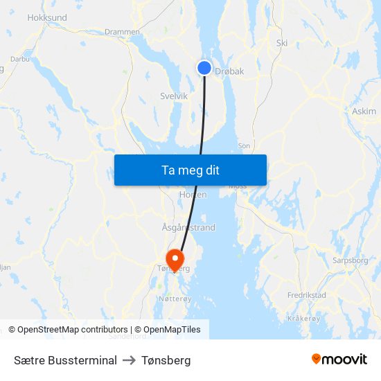Sætre Bussterminal to Tønsberg map